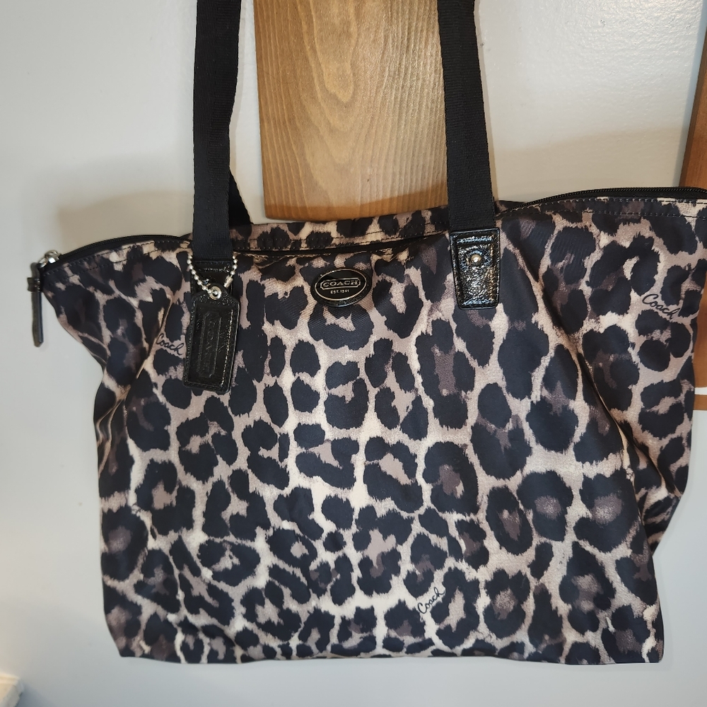 Coach Leopard Print Tote Bag in Black and Tan
